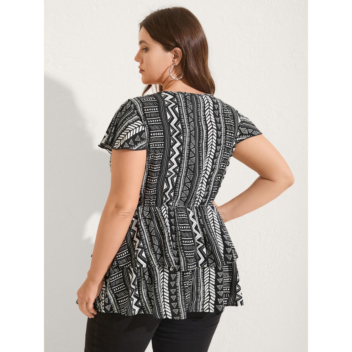 Plus Size Black Geometric Print Button Layered Blouse Women Short sleeve V-neck Vacation Blouses BloomChic 18-20/2X Product Image
