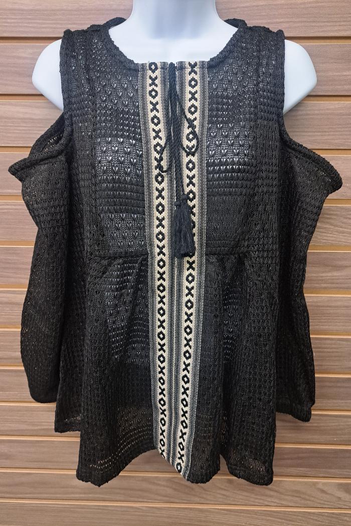 Cold shoulder tie at neck long sleeved top Product Image