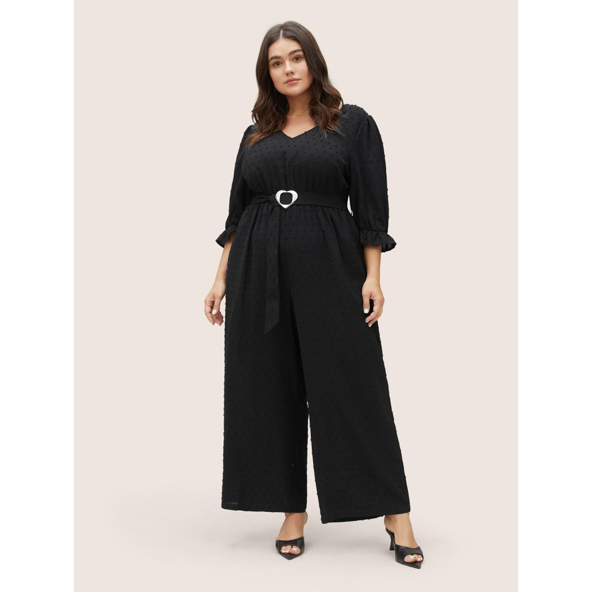 Plus Size Black Solid Texture Heart Buckle Detail Belted Jumpsuit Women Elegant Half Sleeve V-neck Everyday Loose Jumpsuits BloomChic 28/5X Product Image