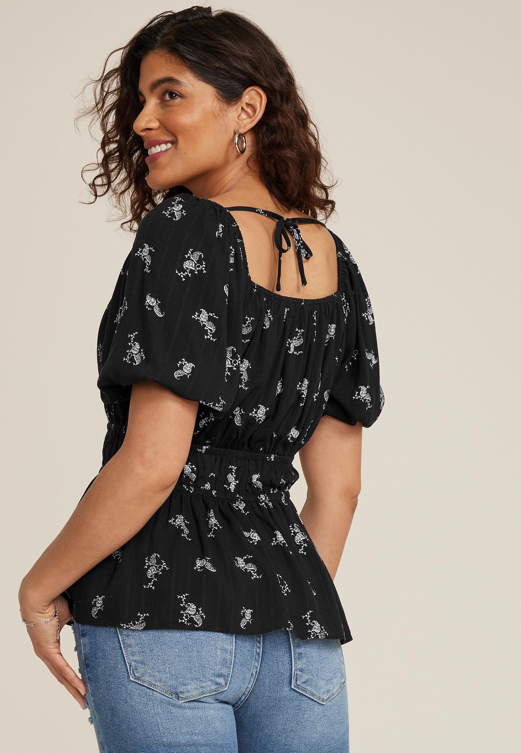 Paisley Tie Front Puff Sleeve Blouse Product Image
