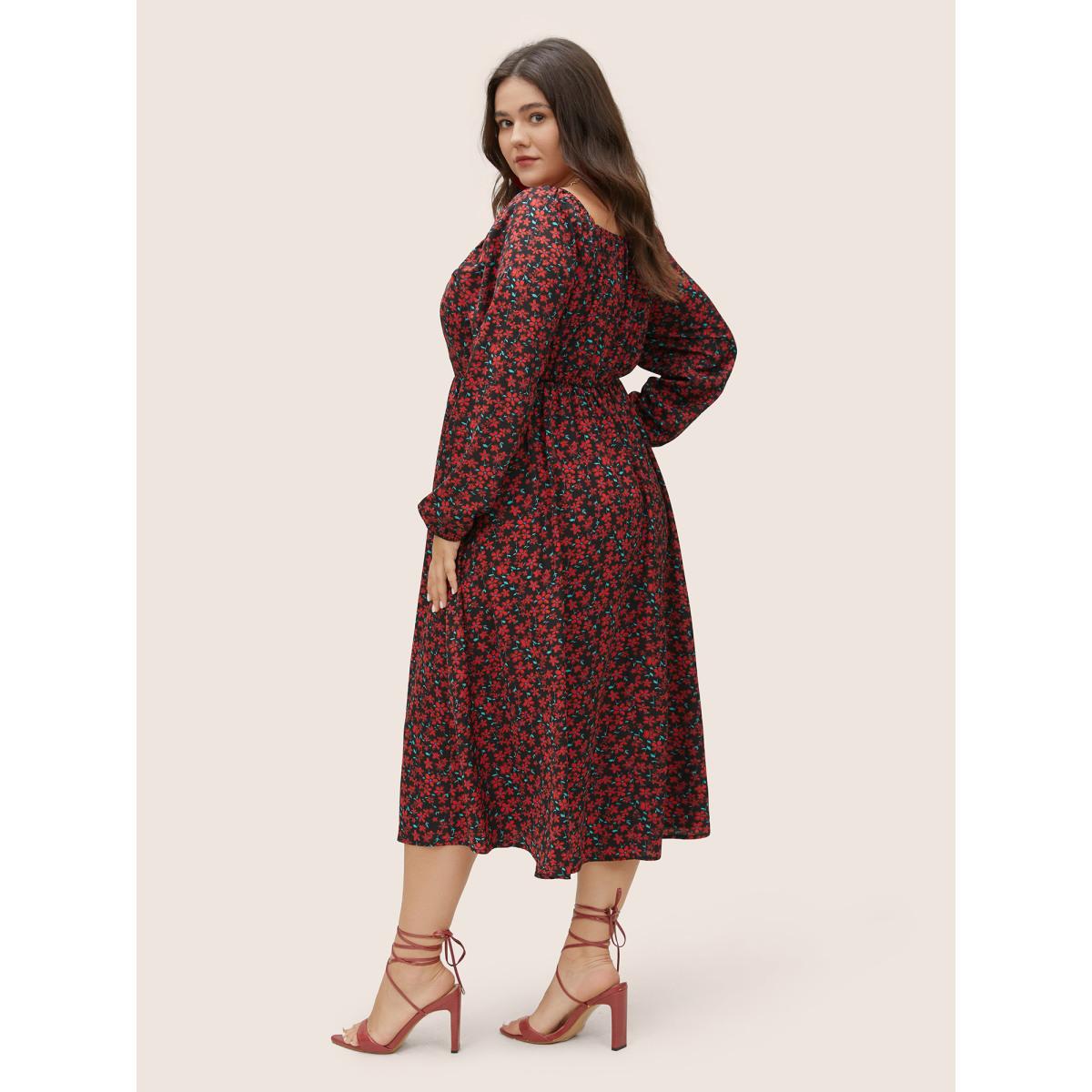 Plus Size Ditsy Floral Square Neck Split Side Dress Black Women Elegant Elastic cuffs Square Neck Long Sleeve Curvy Midi Dress BloomChic 28/5X Product Image