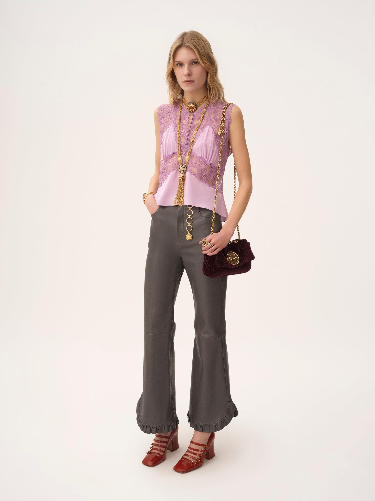 Ruffled flared pants in leather Product Image