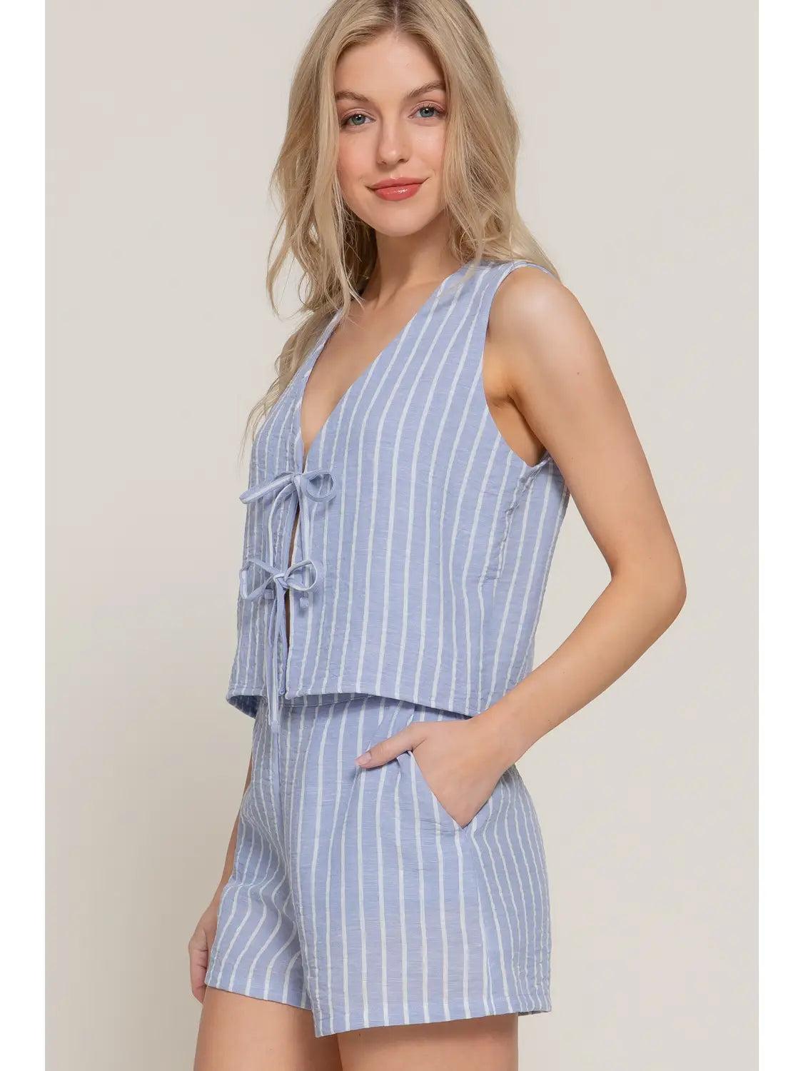 Blue and White V-Neck Front Tie Vest & Stripe Woven Short Pants Set Product Image
