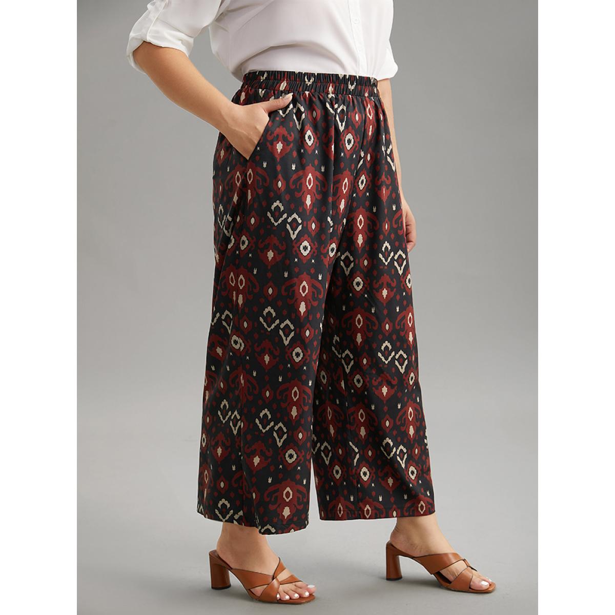 Plus Size Moroccan Print Elastic Waist Wide Leg Pants Women Black Vacation Wide Leg High Rise Dailywear Pants BloomChic 14-16/1X Product Image