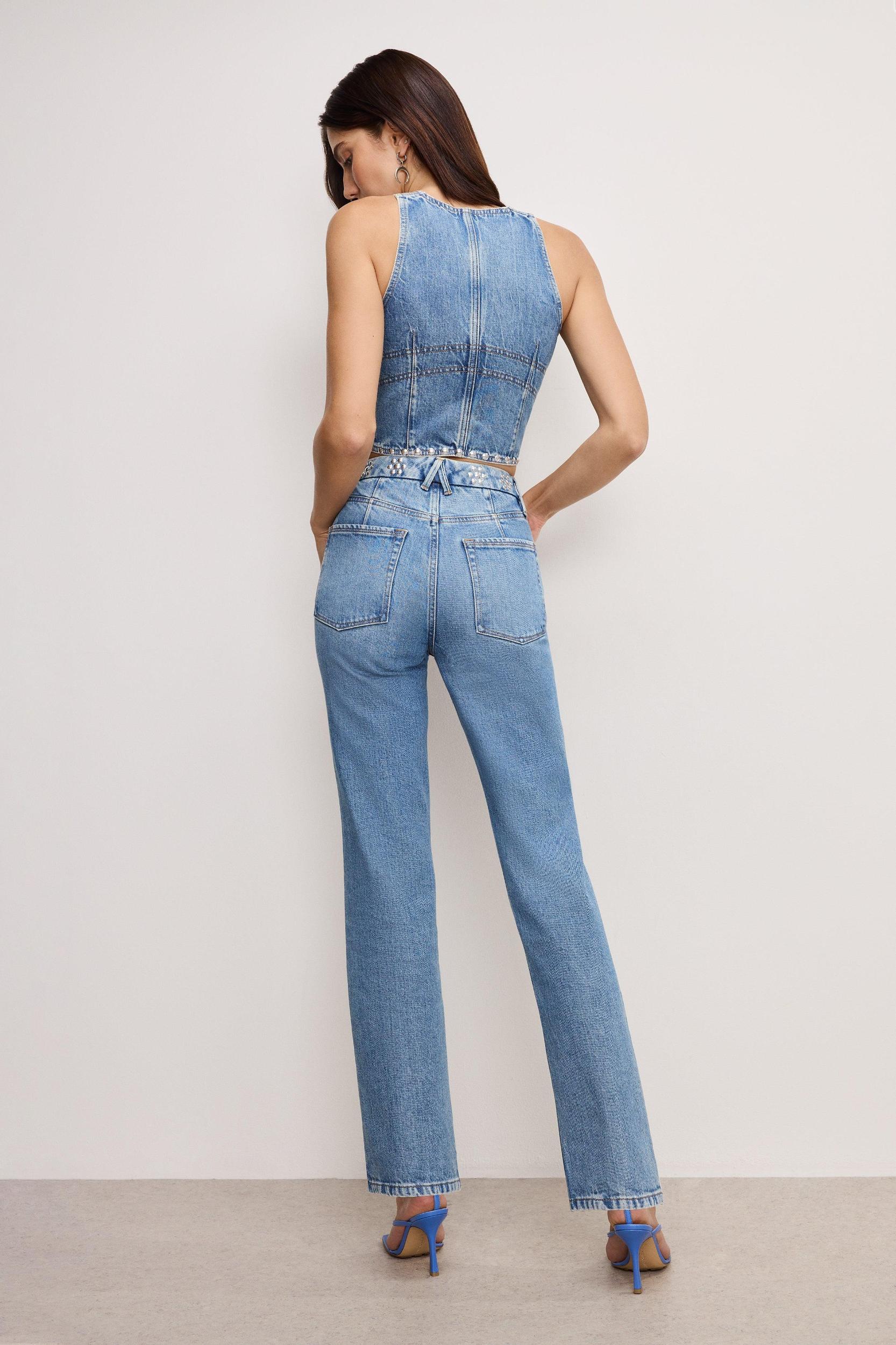 GOOD ICON STUDDED STRAIGHT JEANS | INDIGO895 Product Image