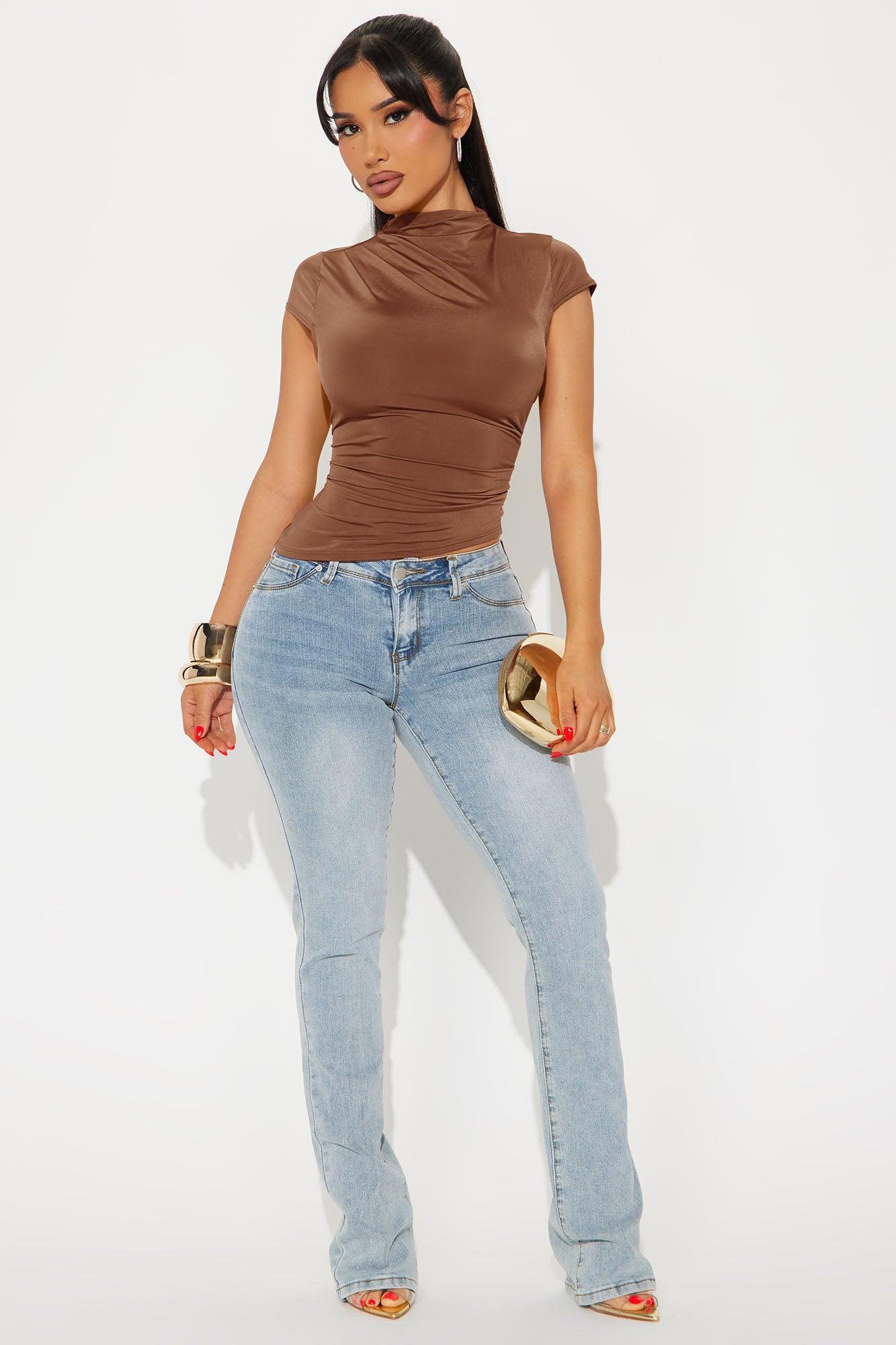 Ines Asymmetrical Ruched High Neck Top - Chocolate Female Product Image