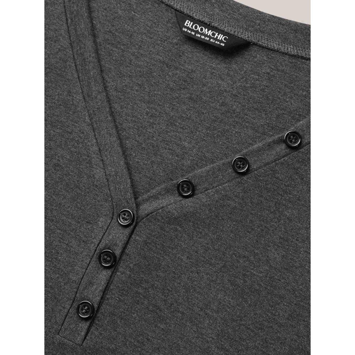 Plus Size Adjustable Neck Coverage Button Placket T-Shirt DimGray Women Leisure Button V-neck Casual T-shirts BloomChic 26/4X Product Image