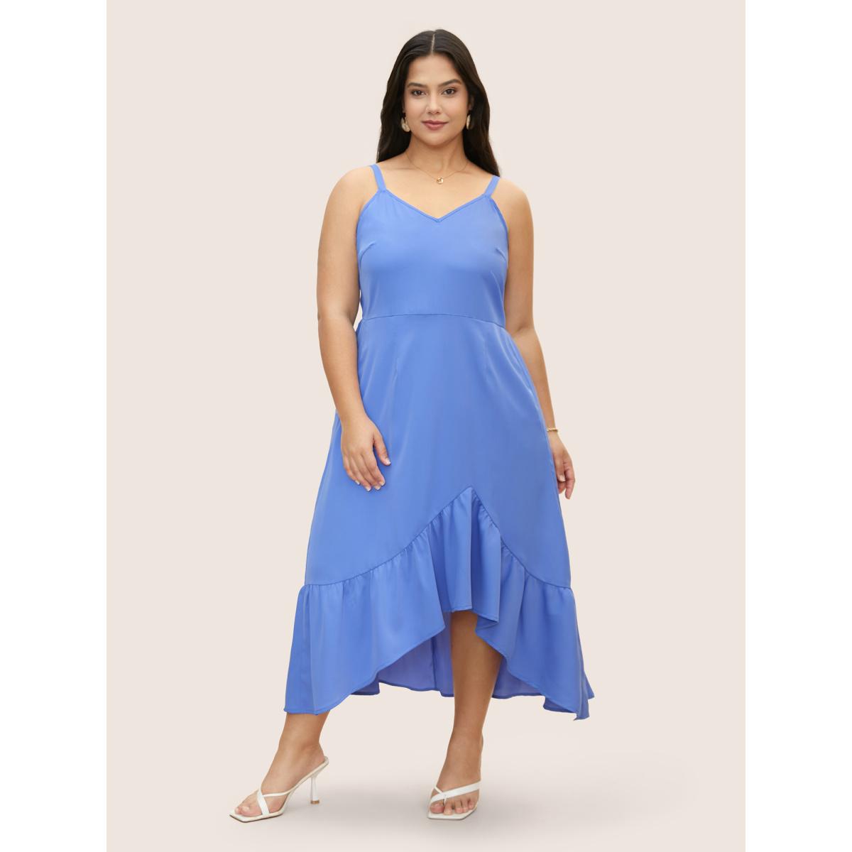 Plus Size Solid Patchwork Ruffle Hem Midi Dress Skyblue Women Elegant Ruffles V-neck Sleeveless Curvy BloomChic 14-16/1X Product Image