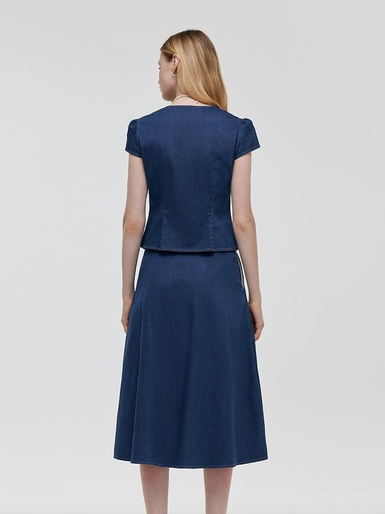 Pre-Order Denim V-Neck Top And Midi Skirt Two-Piece Set Product Image