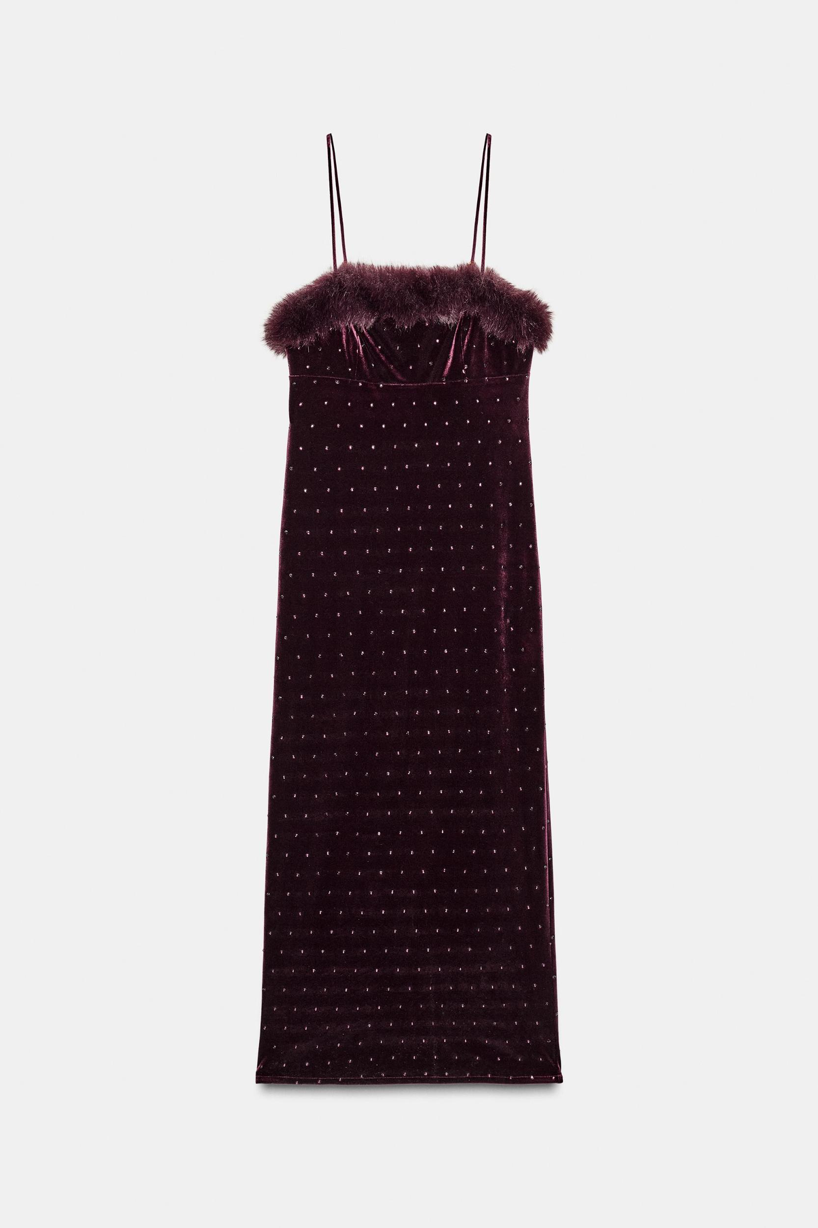 VELVET BEADED FAUX FUR MIDI DRESS Product Image