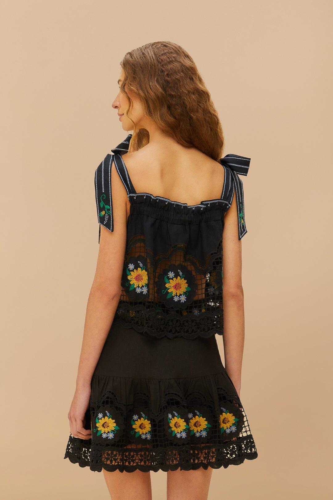 Black Cross Stitch Sunflower Richelieu LENZING™ ECOVERO™ Euroflax™ Mini Skirt Product Image