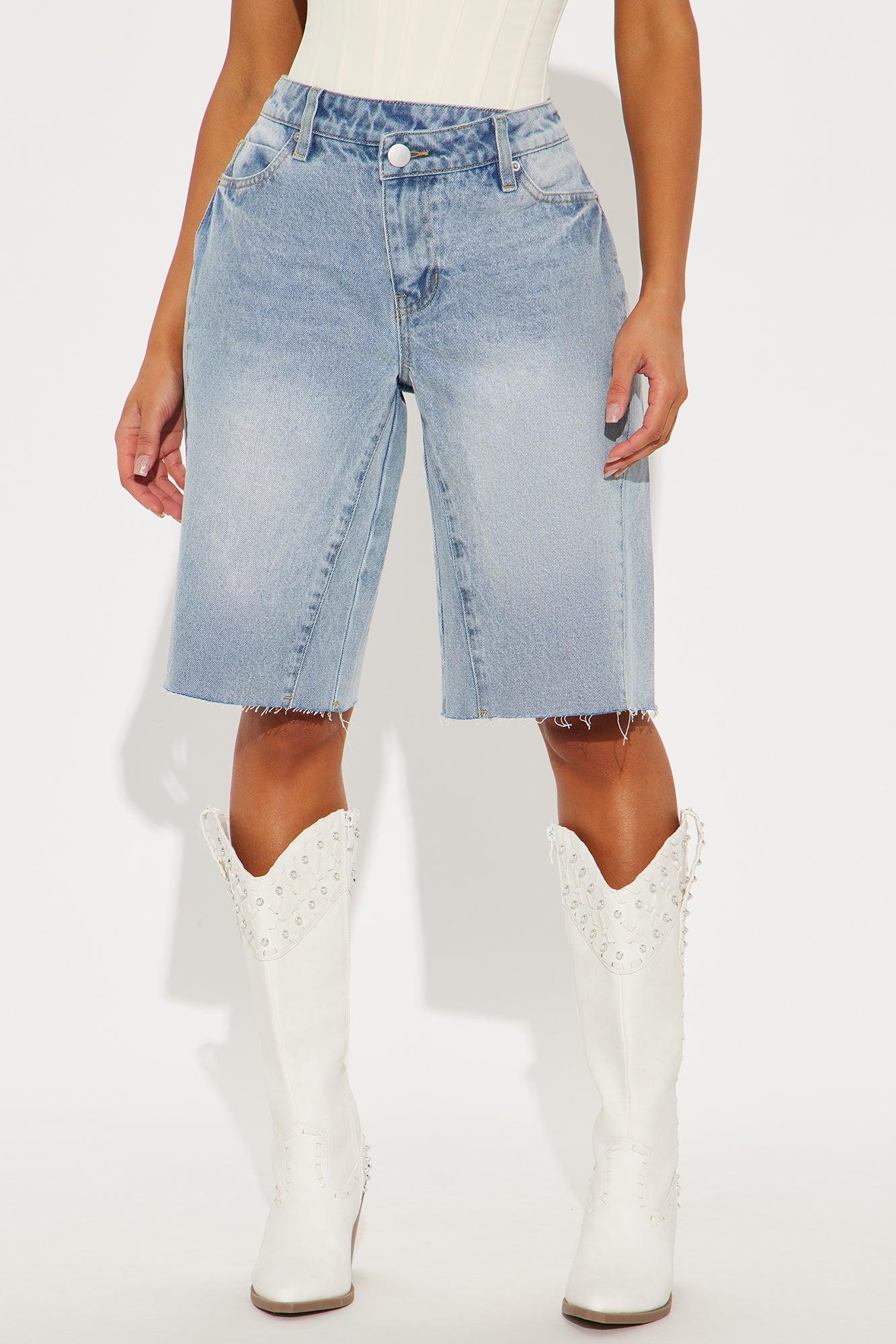 Carryn Non Stretch Crossover Waistband Denim Jorts - Light Wash Product Image