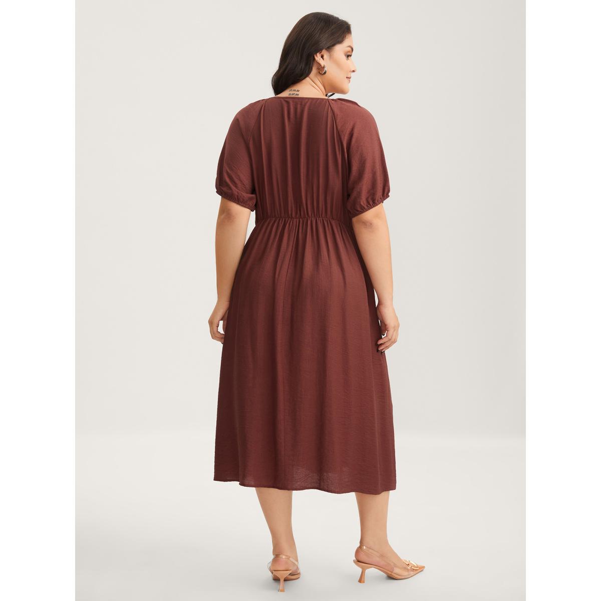 Plus Size Rayon Pleated Waist-Cut Midi Dress Yellowishbrown Women Round Neck Short sleeve Curvy BloomChic 14-16/1X Product Image