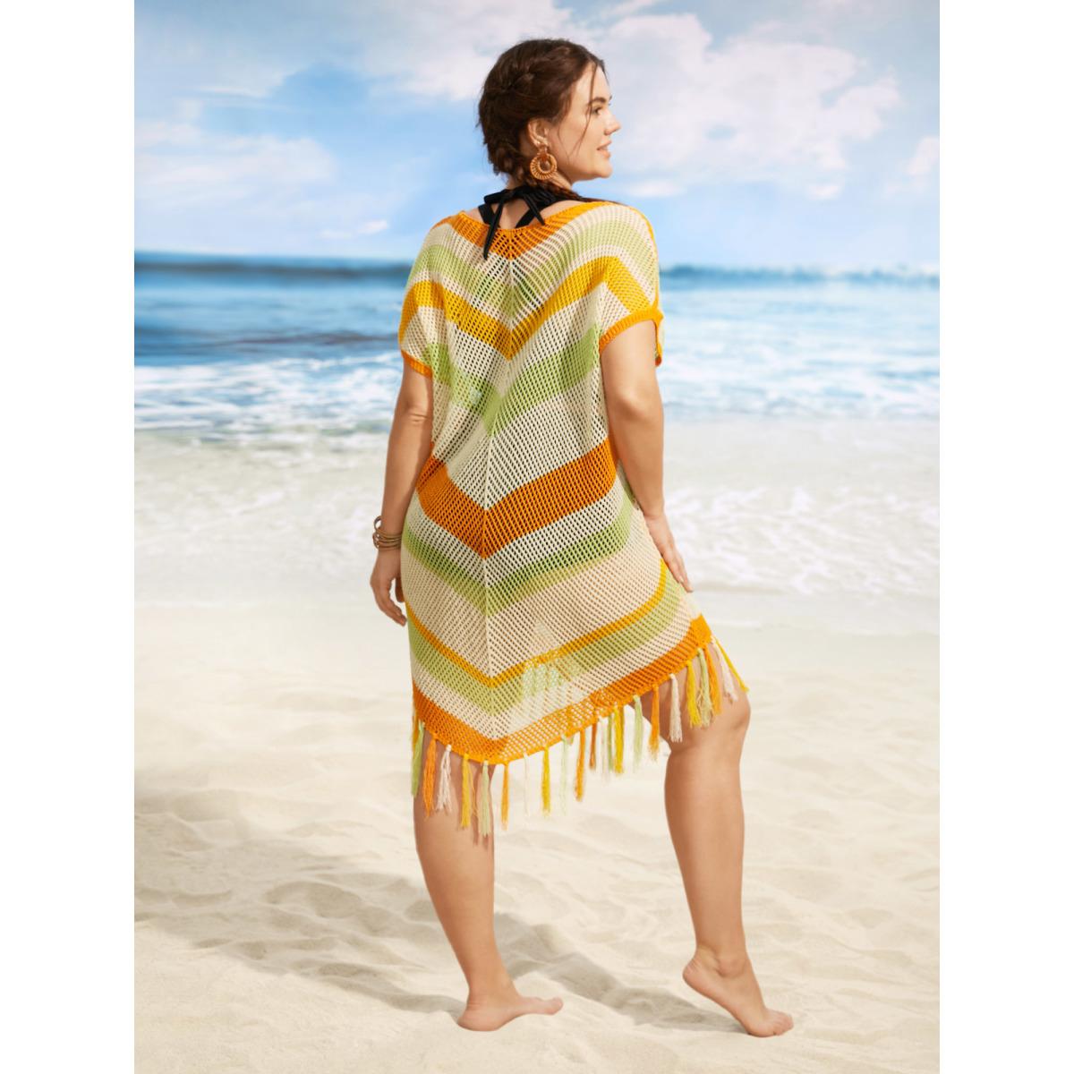 Plus Size Geometric Dolman Sleeve Tassel Trim Swim Cover Up Women's Swimwear Multicolor Beach Loose Tassels Curve Swim Cover Ups BloomChic 30/6X Product Image
