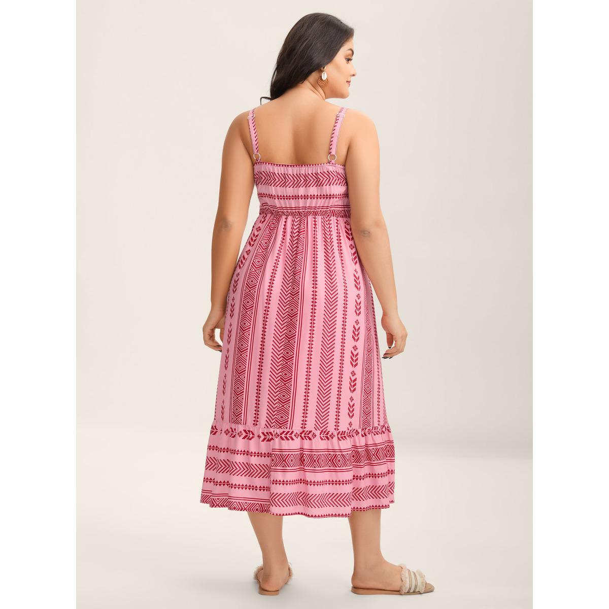 Plus Size Boho Stripes Shirred Tassel Midi Dress Rosered Women Square Neck Sleeveless Curvy BloomChic 10/M Product Image