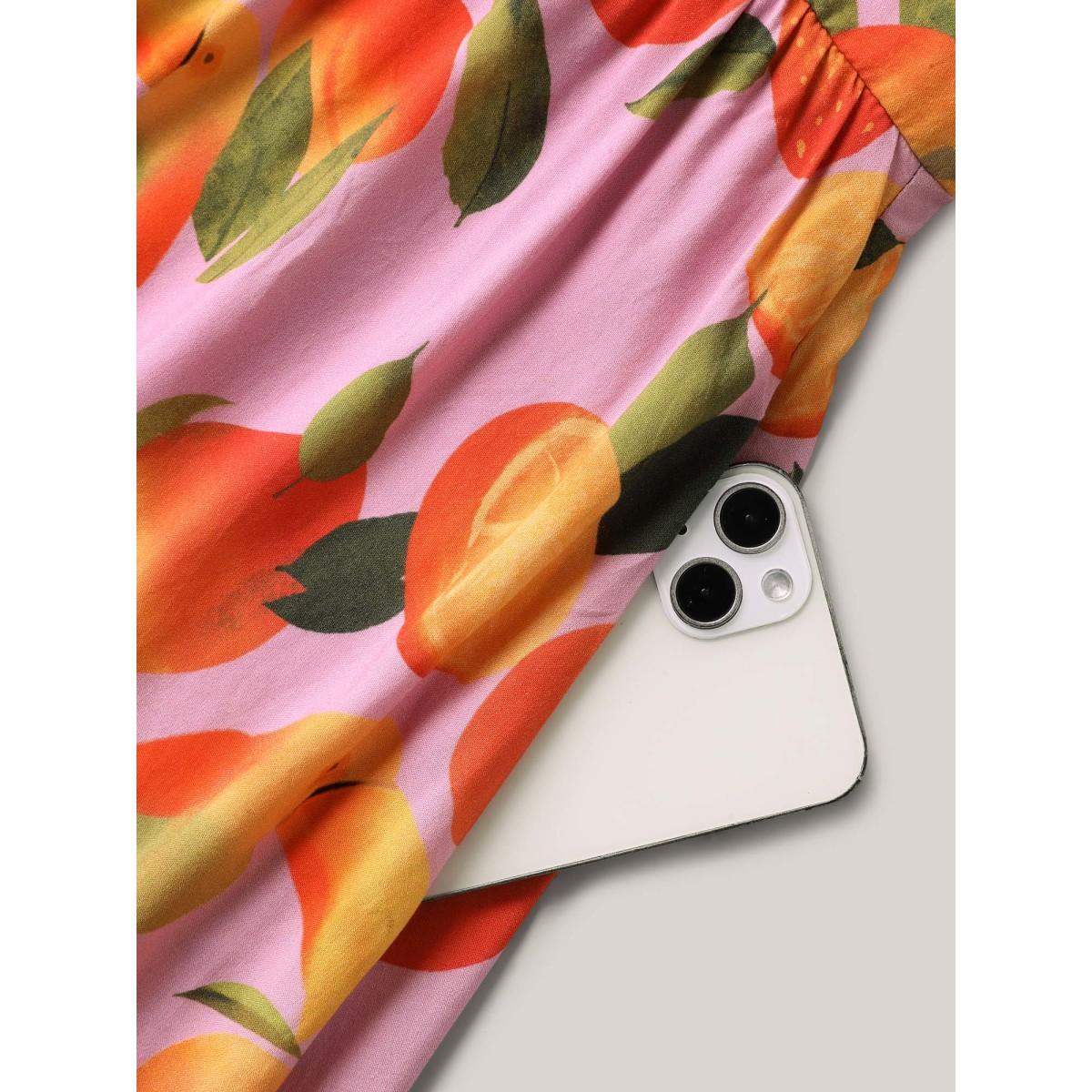 Plus Size Citrus Print Pleated Sweetheart Midi Dress Brightorange Women Heart neckline Cap Sleeve Curvy BloomChic 12/L Product Image