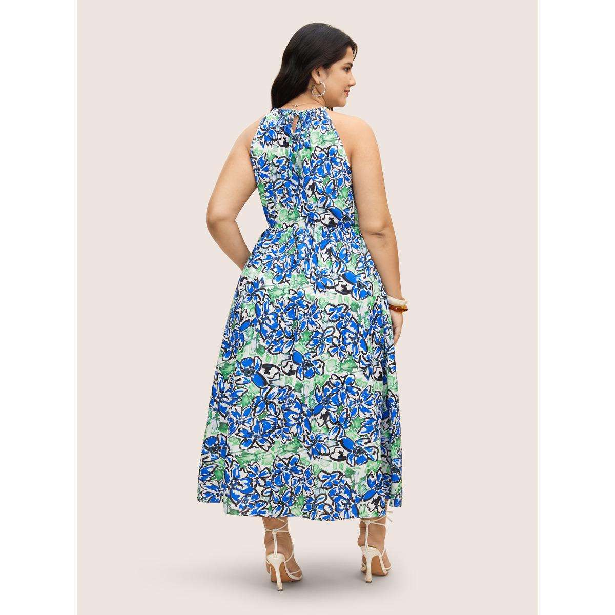 Plus Size Floral Print Elastic Waist Pocket Halter Neck Dress Mint Women Resort Non Halter neck Sleeveless Curvy BloomChic 22-24/3X Product Image