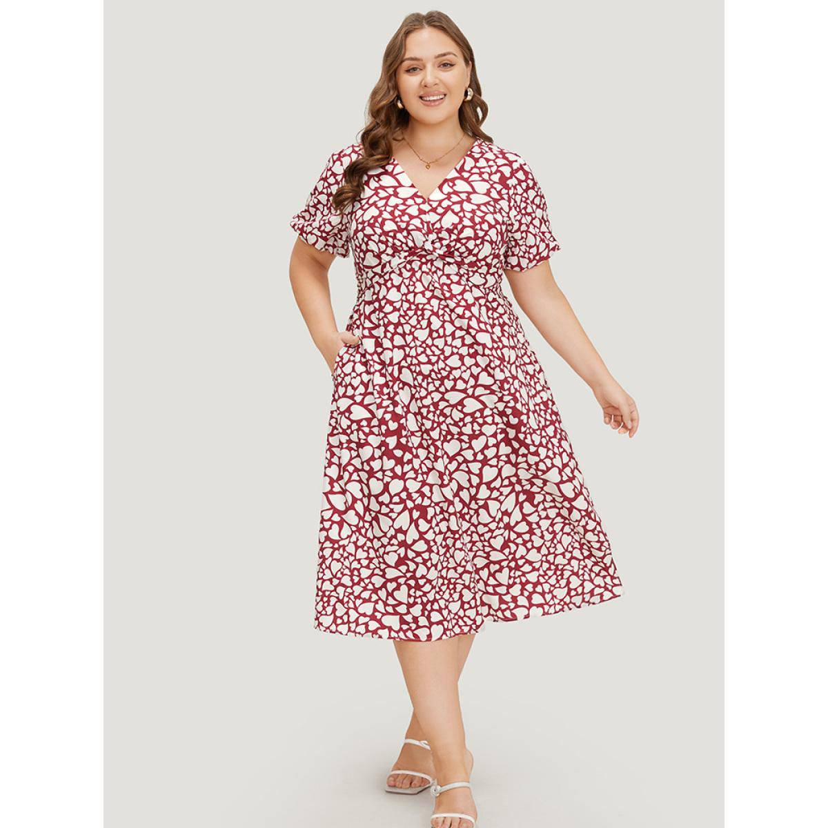 Plus Size Heart Print V Neck Crossover Pocket Dresse Red Women Elegant Slit V-neck Short sleeve Curvy Midi Dress BloomChic 18-20/2X Product Image