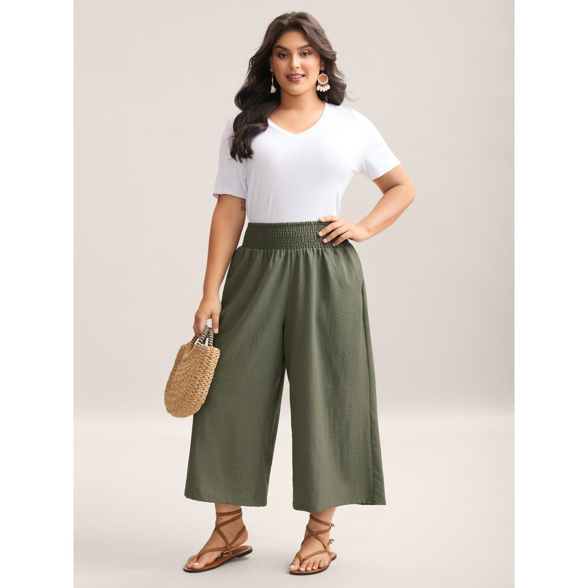 Plus Size Shirred Waist Wide-Leg Solid Pants Women ArmyGreen Resort Wide Leg Mid Rise Vacation Pants BloomChic 18-20/2X Product Image