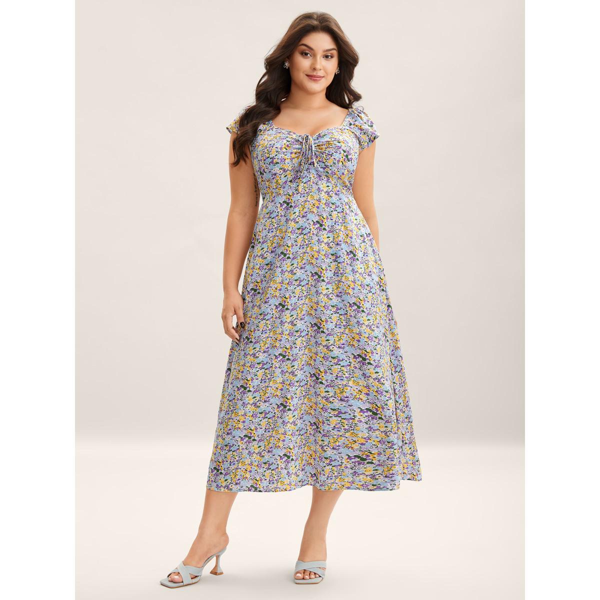 Plus Size Ditsy Floral Print Neck Tie Midi Dress Lilac Women Timeless Heart neckline Cap Sleeve Curvy BloomChic 26/4X Product Image