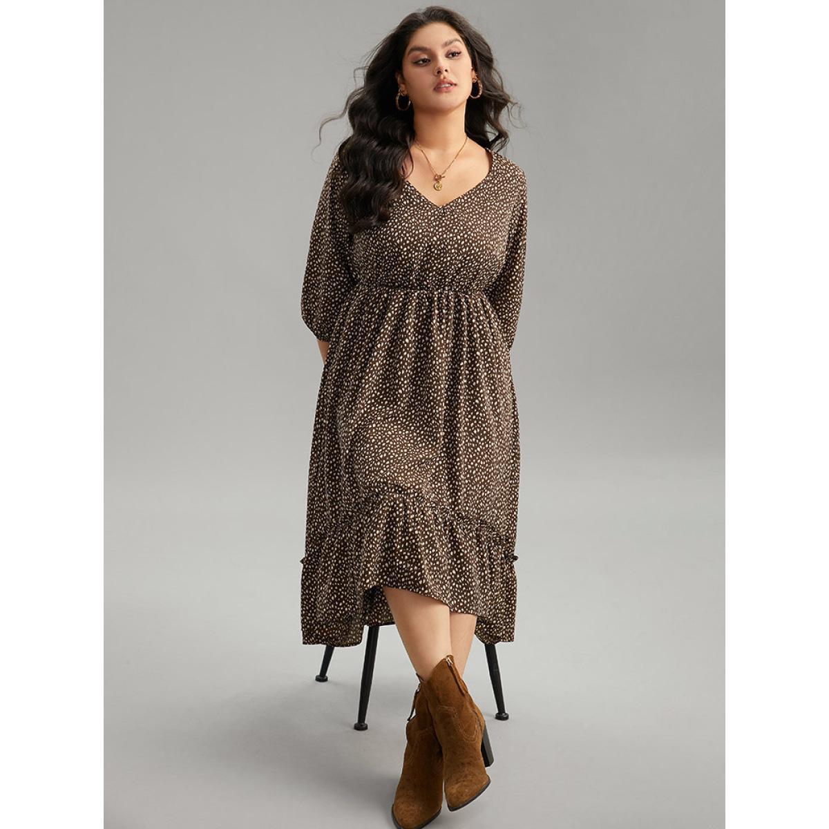 Plus Size Leopard Lantern Sleeve Ruffles Frill Trim Dress DarkBrown Women Vacation Elastic cuffs V-neck Elbow-length sleeve Curvy Midi Dress BloomChic 18-20/2X Product Image