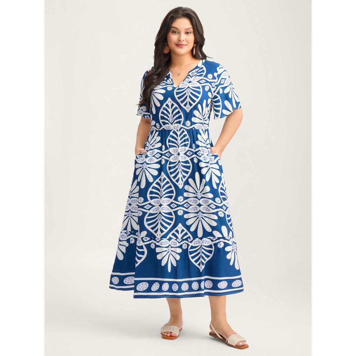 Plus Size Rayon Ornate Print Cinched-Waist Midi Dress Indigo Women V-neck Short sleeve Curvy BloomChic 18-20/2X Product Image