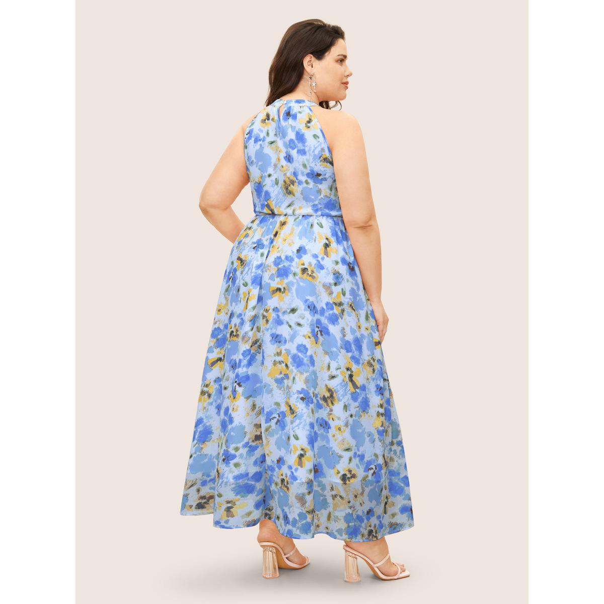 Plus Size Halter Neck Floral Pleated Pocket Dress LightBlue Women Formal Shirt collar Sleeveless Curvy BloomChic 10/M Product Image