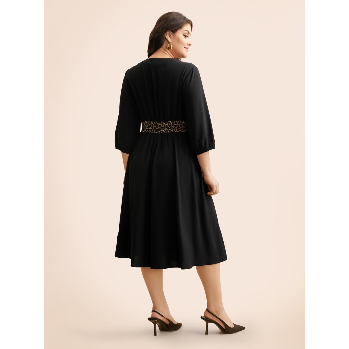 Plus Size Notched Collar Leopard Print Patchwork Dress Black Women Elegant Tie knot Notched collar Elbow-length sleeve Curvy BloomChic 12/L Product Image