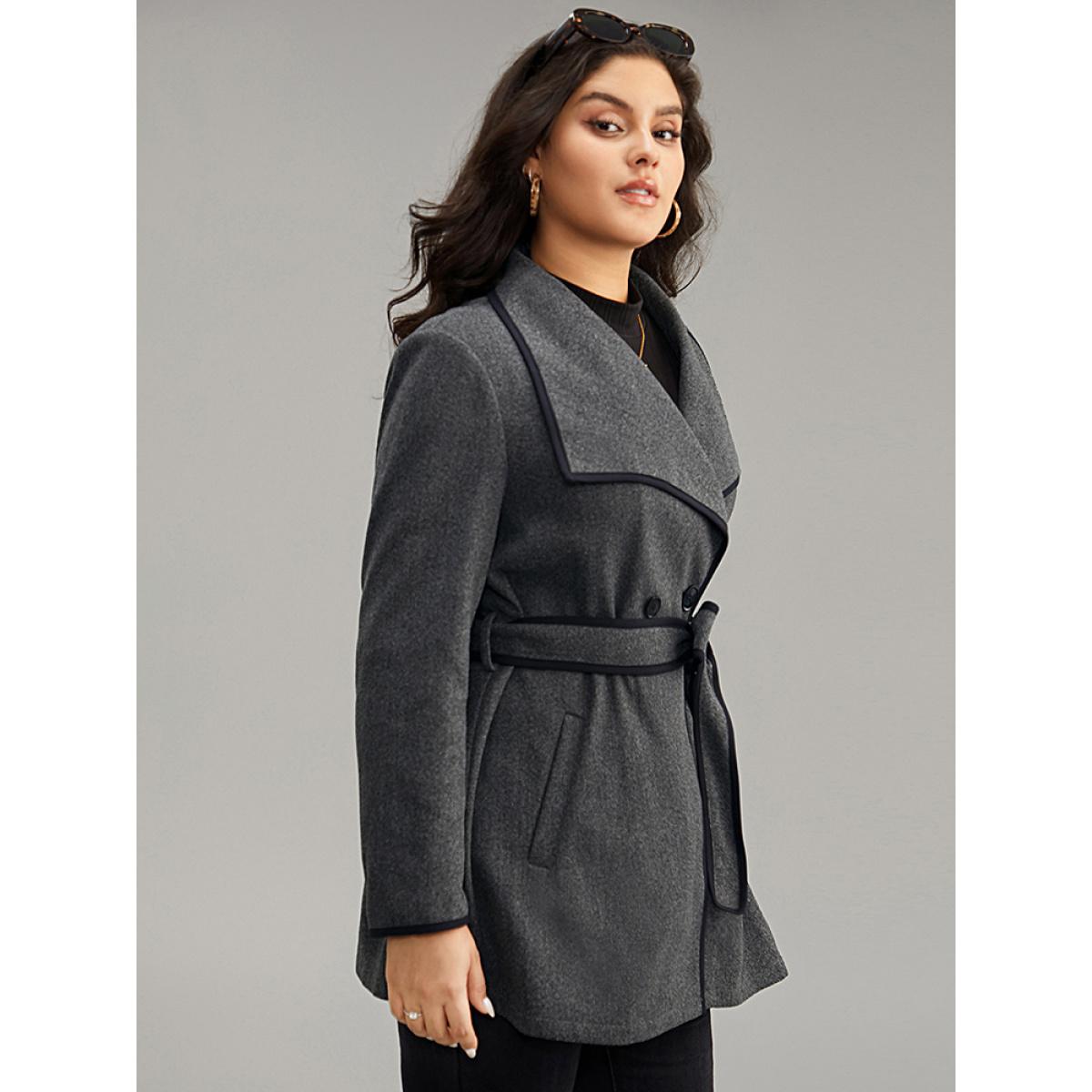 Plus Size Lapel Collar Contrast Trim Belted Button Up Coat Women DimGray Casual Belted Ladies Dailywear Winter Coats BloomChic 30/6X Product Image