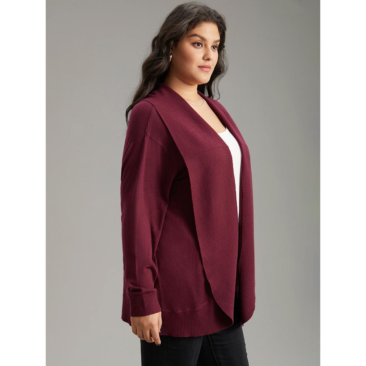 Plus Size Supersoft Essentials Plain Texture Arc Hem Cardigan Burgundy Women Casual Loose Long Sleeve Everyday Cardigans BloomChic 12/L Product Image
