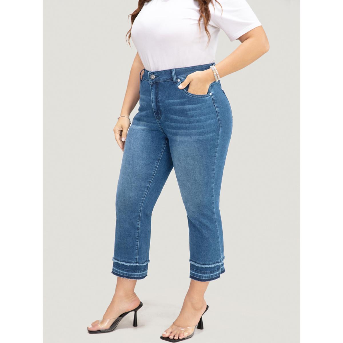 Plus Size Bootcut Very Stretchy High Rise Dark Wash Fringe Detail Jeans Women Blue Casual Plain High stretch Slanted pocket Jeans BloomChic 10/M Product Image