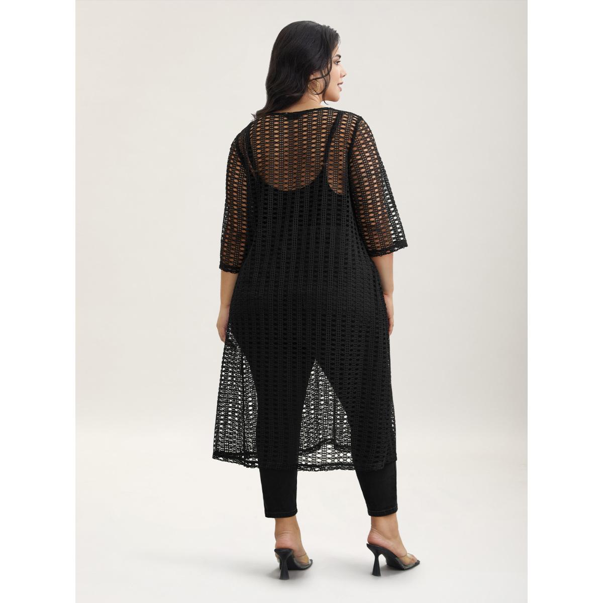 Plus Size Textured Sheer Round Neck Midi Dress Black Women Casual Cut-Out Knit Dresses Bloomchic 18-20/2X Product Image