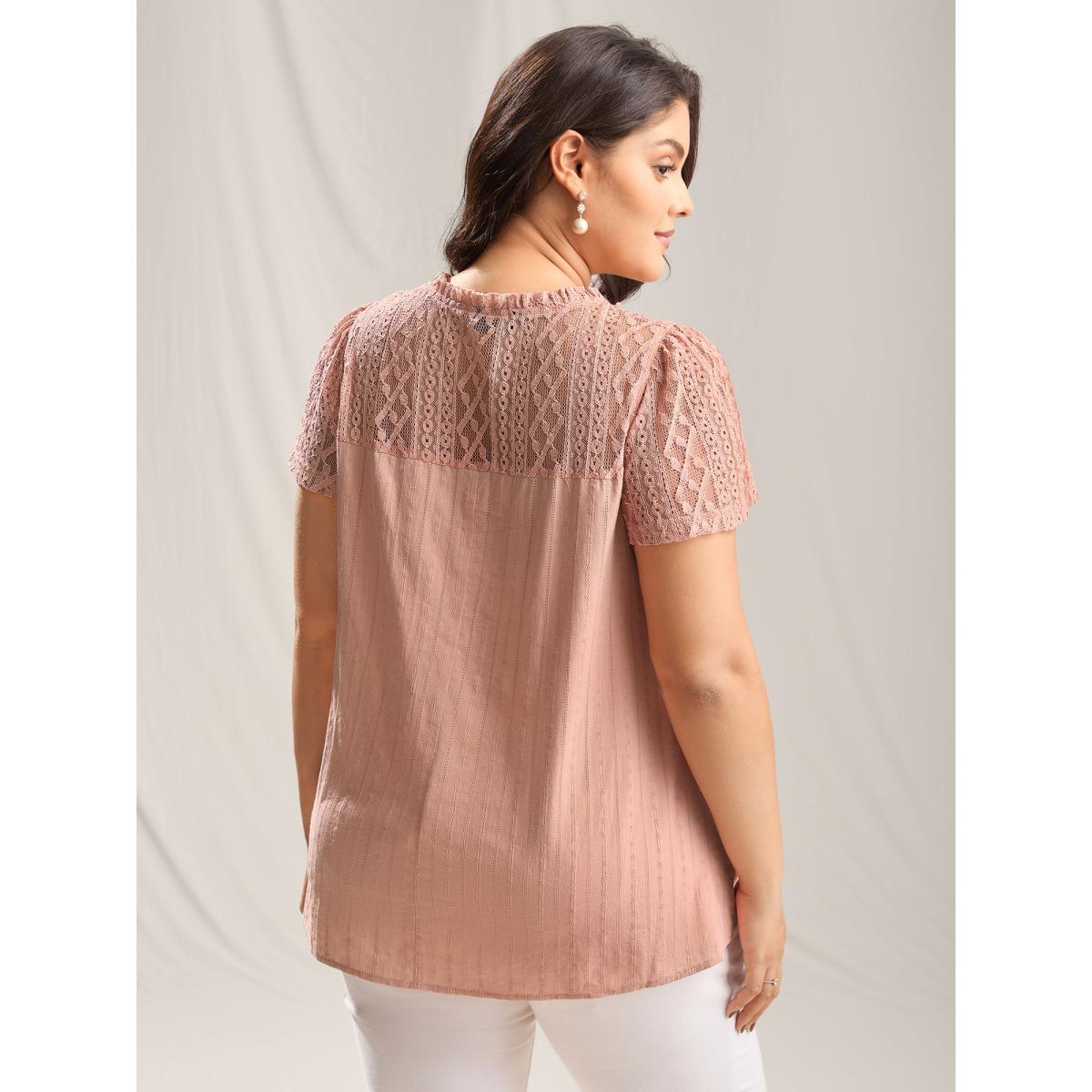 Plus Size Crepe Sheer Notched Collar Textured Spliced Blouse Women Short sleeve Notched collar Everyday-Elegant Blouses BloomChic 22-24/3X Product Image
