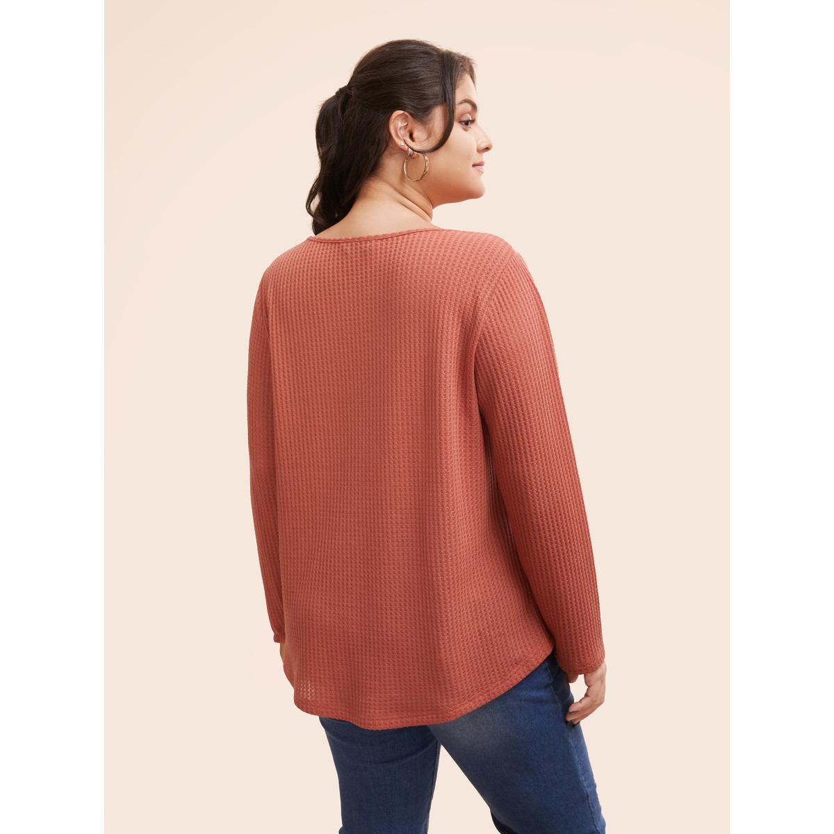 Plus Size Plain Waffle Knit Scoop Neck Plicated Detail T-shirt Salmon Women Leisure Non Plain V-neck Casual T-shirts BloomChic 28/5X Product Image