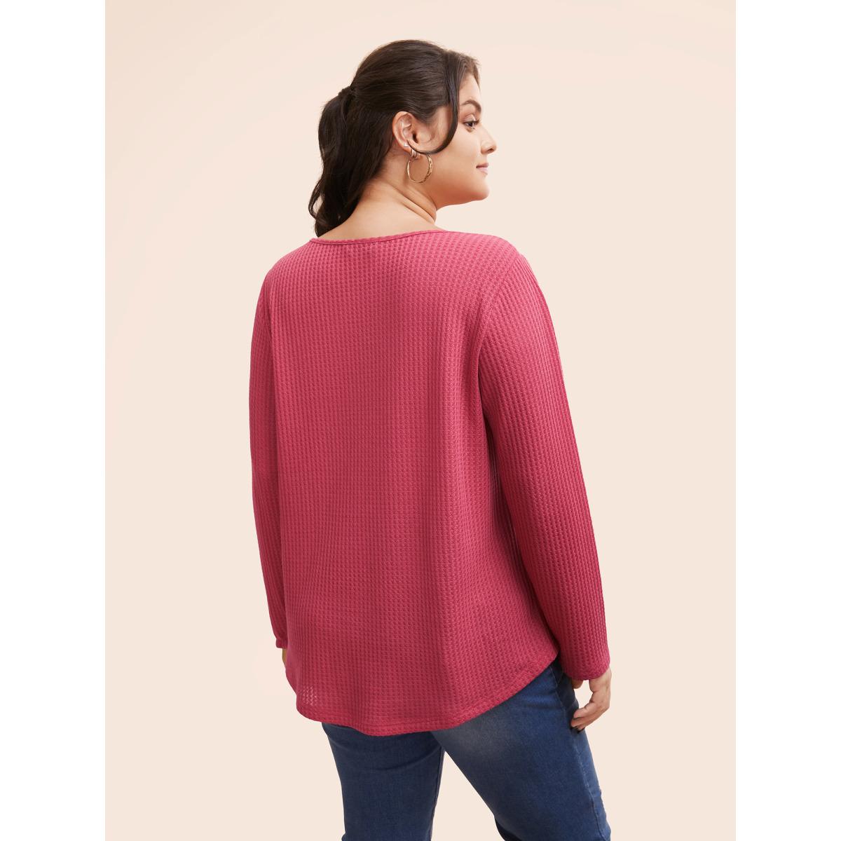 Plus Size Plain Waffle Knit Scoop Neck Plicated Detail T-shirt Salmon Women Leisure Non Plain V-neck Casual T-shirts BloomChic 28/5X Product Image