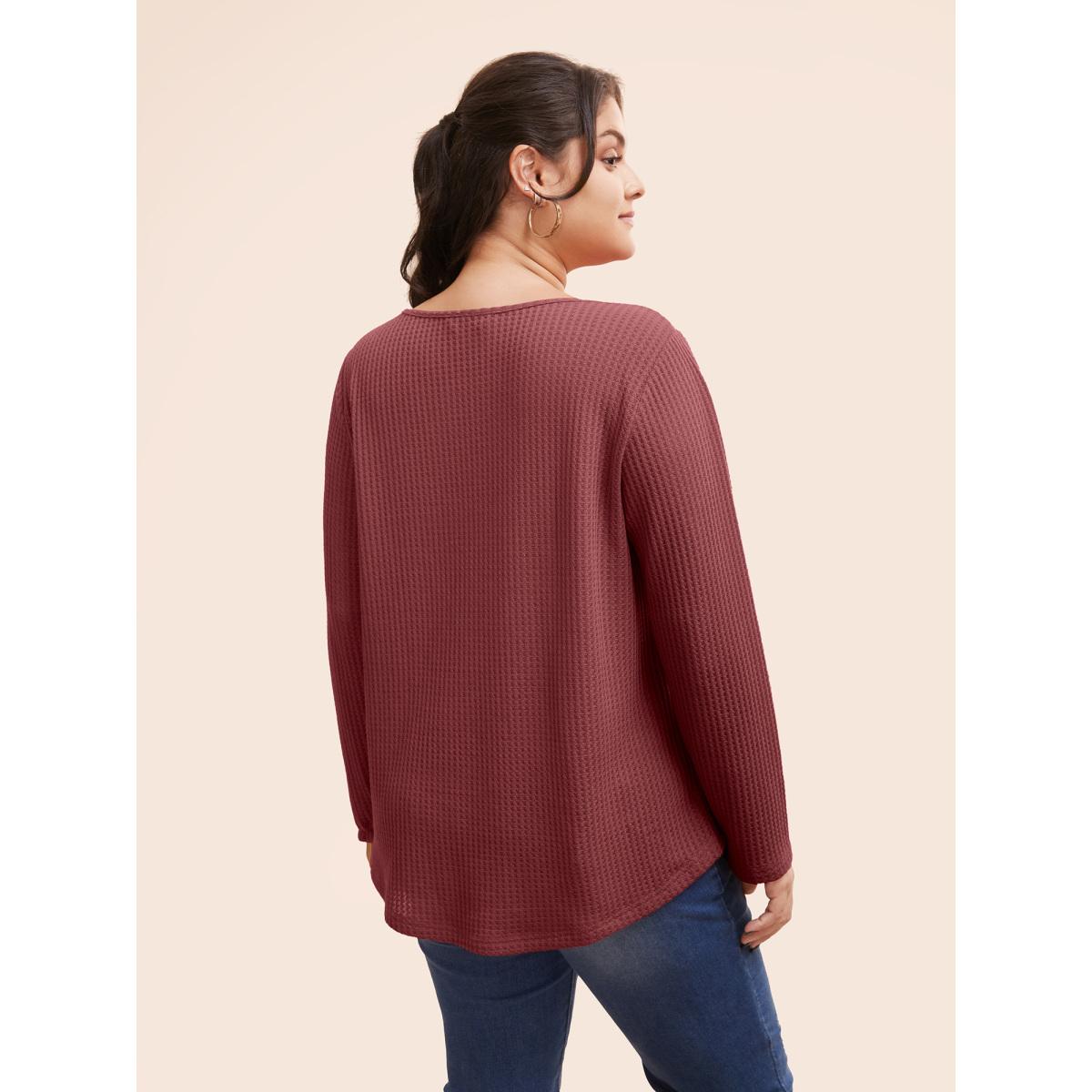 Plus Size Plain Waffle Knit Scoop Neck Plicated Detail T-shirt Gray Women Leisure Non Plain V-neck Casual T-shirts BloomChic 14-16/1X Product Image