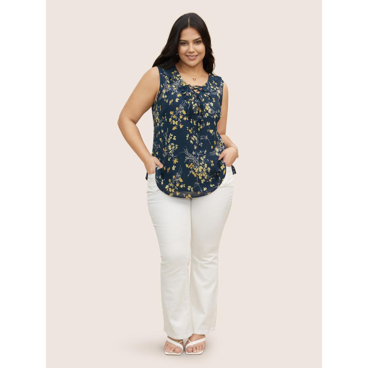 Plus Size Floral Print Ruffle Trim Lace Up Tank Top Women DarkBlue Elegant Tie knot Lace collar Everyday Tank Tops Camis BloomChic 12/L Product Image