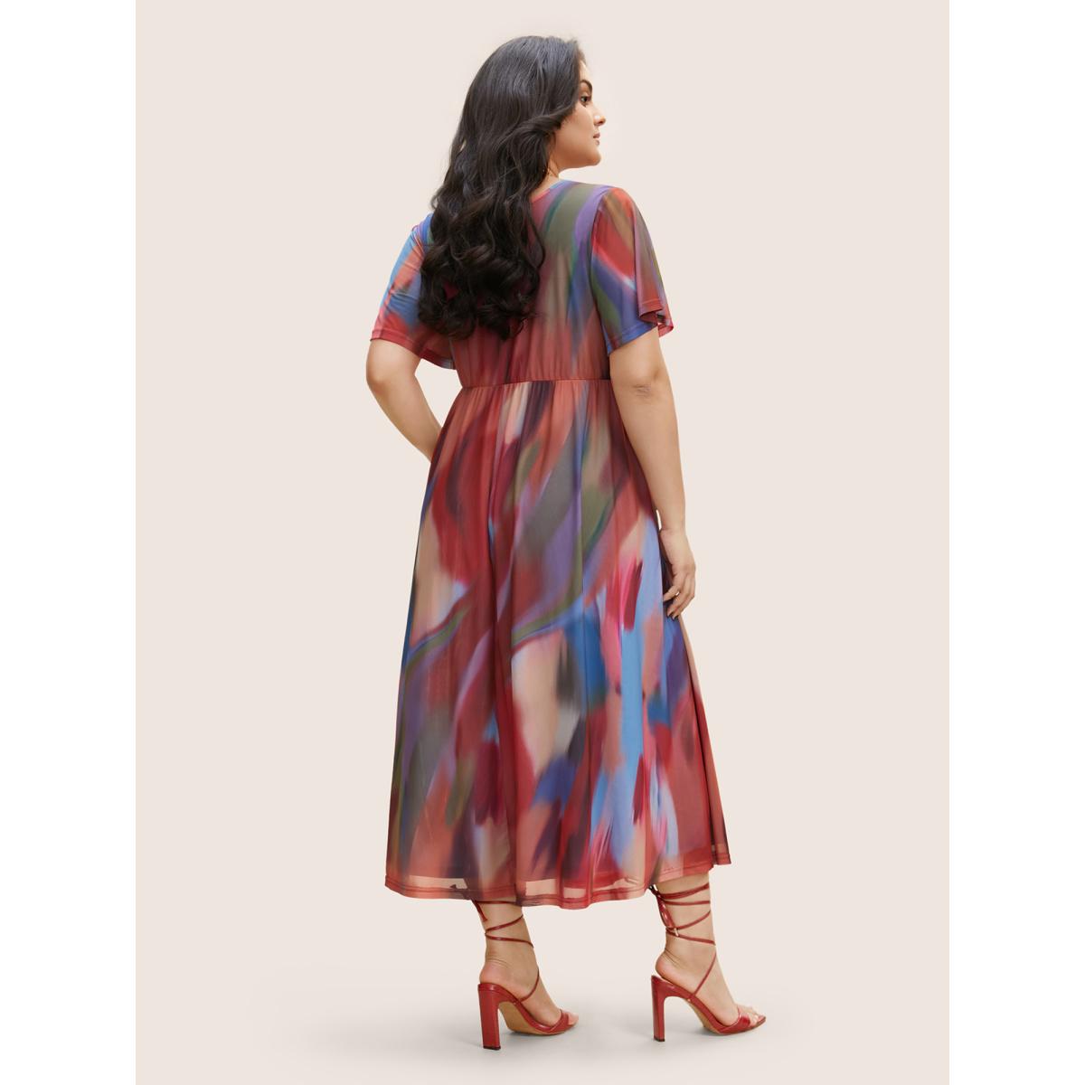 Plus Size Tie Dye Woven Ribbon Split Hem Maxi Dress Multicolor Women Elegant Woven ribbon&lace trim V-neck Short sleeve Curvy BloomChic 14-16/1X Product Image