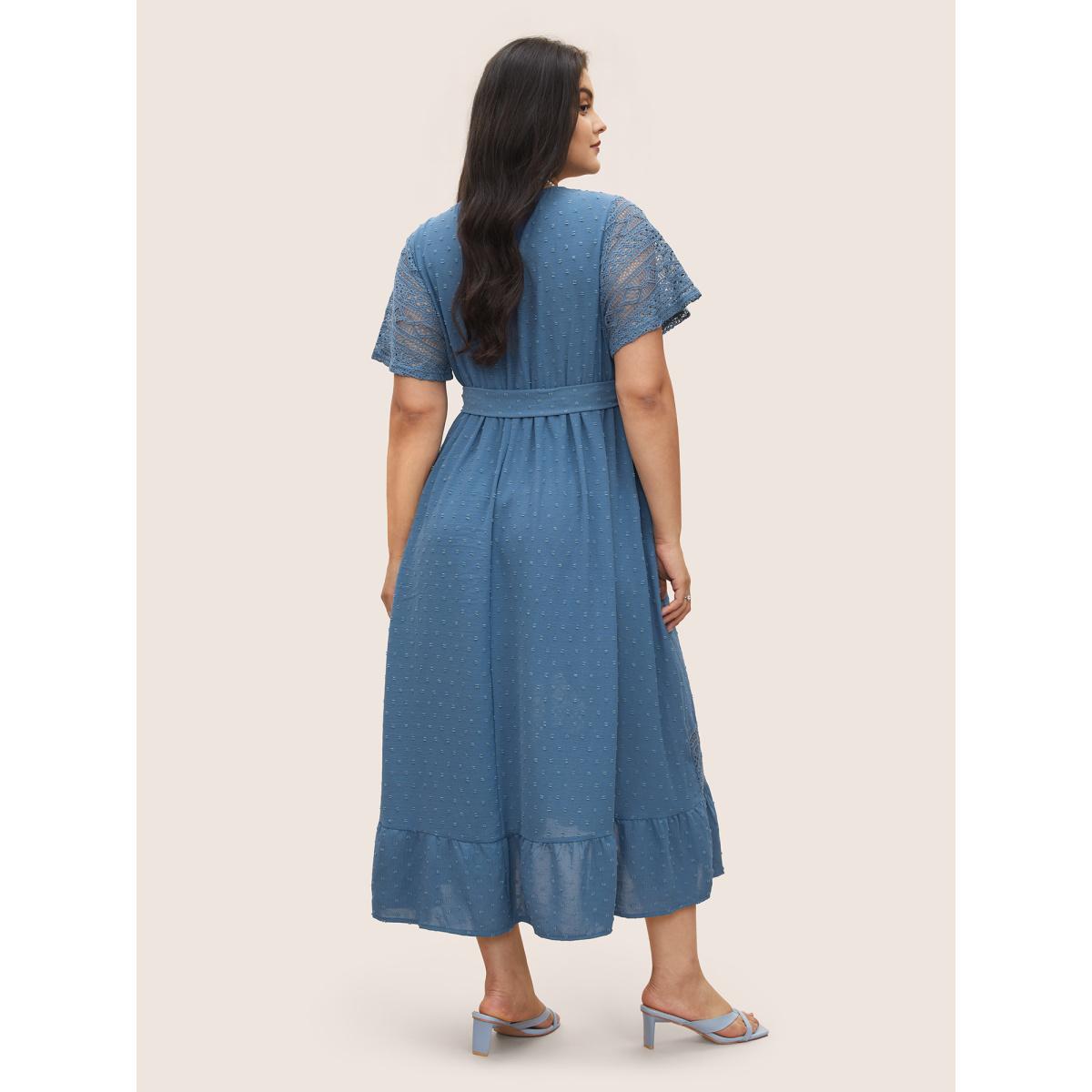 Strappy Elegance Flutter Patchwork Plus Size Dress Women Plain Mint Ruffle Sleeve Short Sleeve V Neck Pocket Belt Dailywear Long Dress BloomChic Product Image