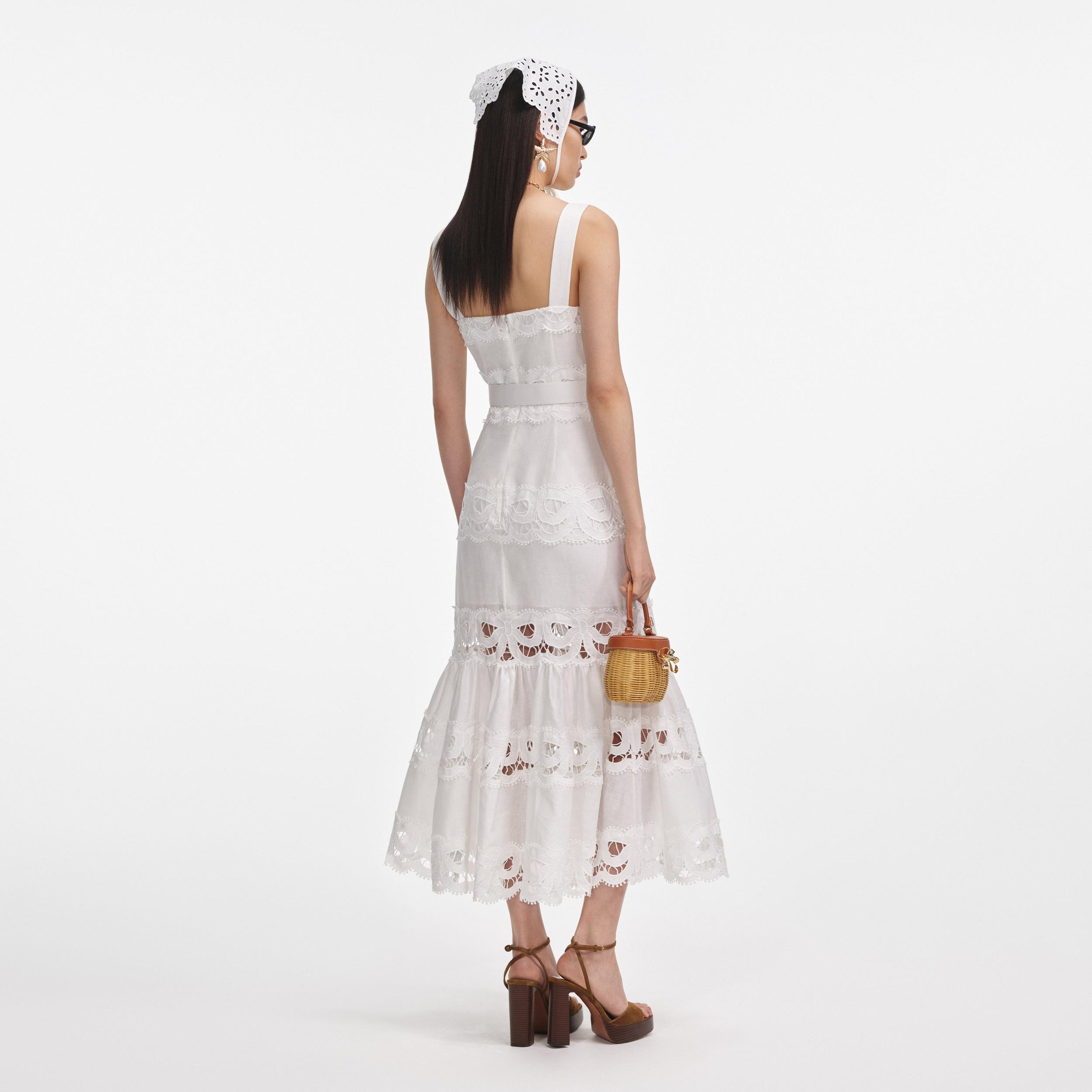 White Linen Lace Insert Midi Dress Product Image