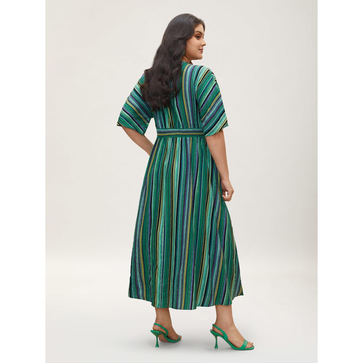 Plus Size Striped Contrast Dolman Sleeve Shirred Pocket Split Flutter Dress Emerald Women Boho Non V-neck Half Sleeve Curvy BloomChic 12/L Product Image