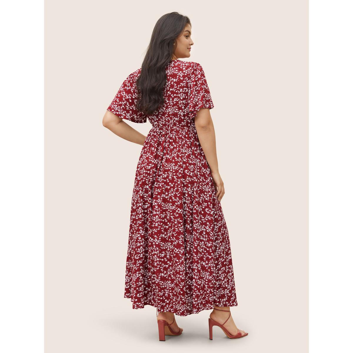 Plus Size Bloom Dress - Flutter Sleeve Ditsy Floral Pocket Split Maxi Dress LightGreen Women Romantic Slit V-neck Half Sleeve Curvy Long Dress BloomChic 10/M Product Image