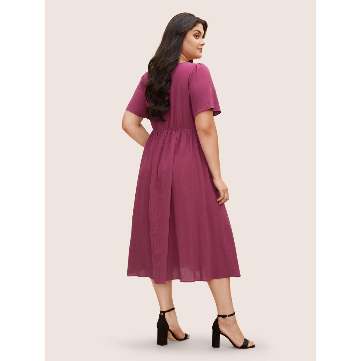 Plus Size Cotton Square Neckline Midi Dress RedViolet Women Elegant Texture Heart neckline Short sleeve Curvy BloomChic 28/5X Product Image