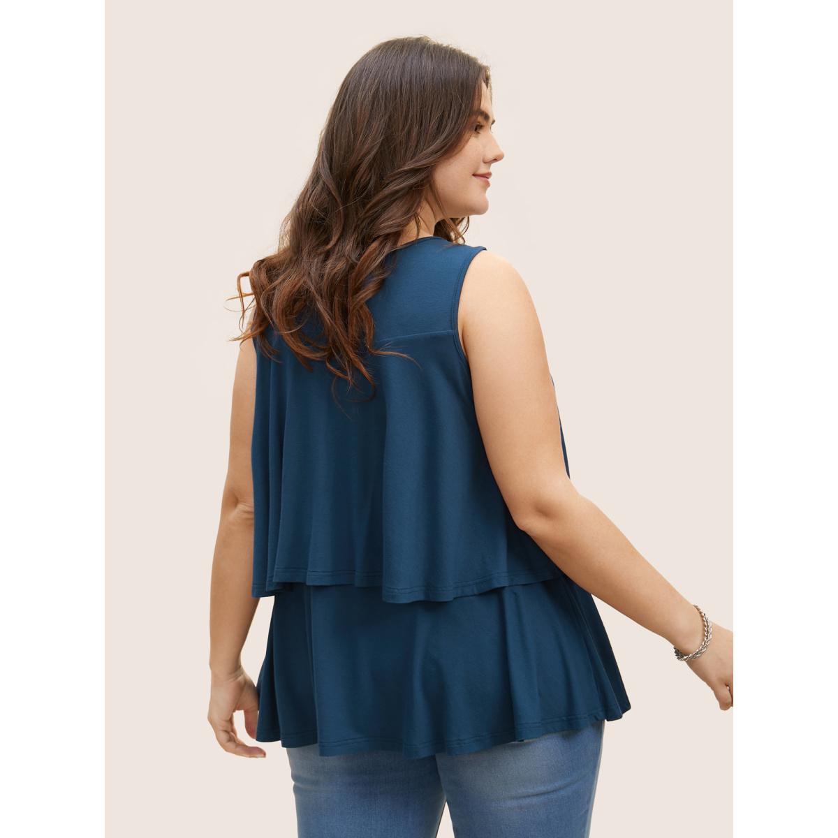 Plus Size Plain Round Neck Tiered Ruffles Tank Top Women Indigo Casual Tiered Round Neck Everyday Tank Tops Camis BloomChic 10/M Product Image