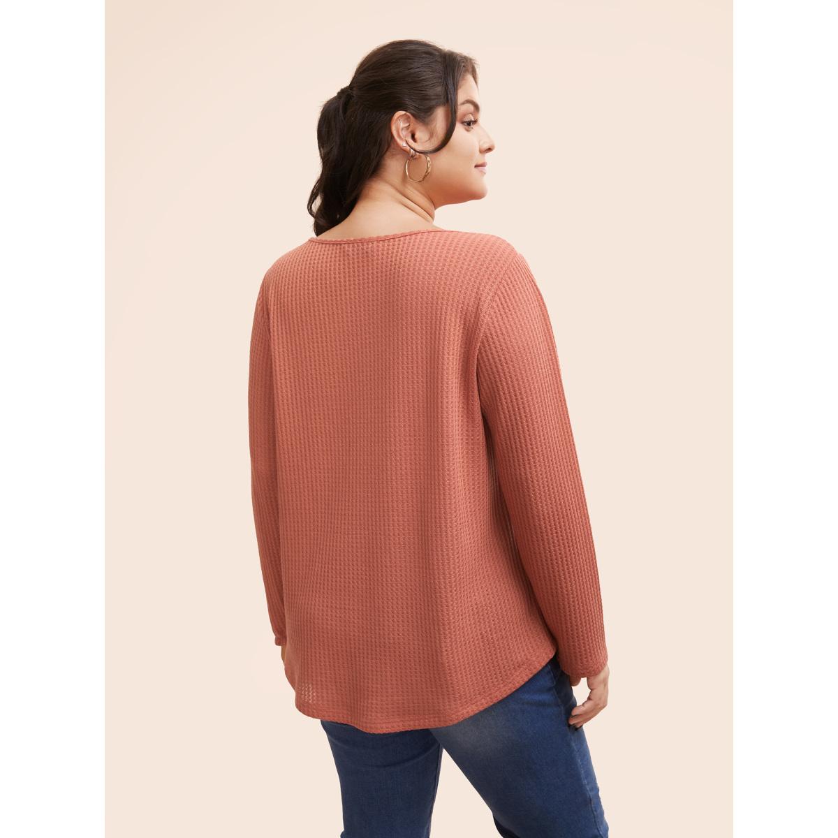 Plus Size Plain Waffle Knit Scoop Neck Plicated Detail T-shirt Salmon Women Leisure Non Plain V-neck Casual T-shirts BloomChic 28/5X Product Image