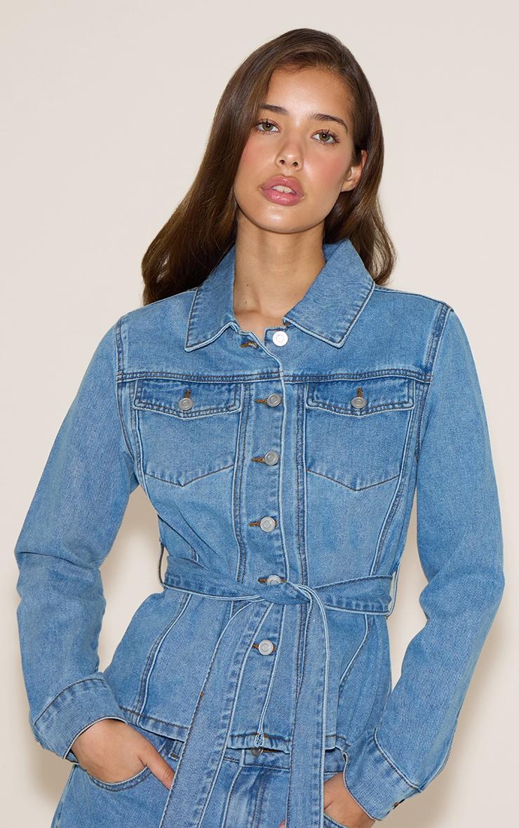 Light Blue Cinched Waist Belted Denim Jacket Product Image