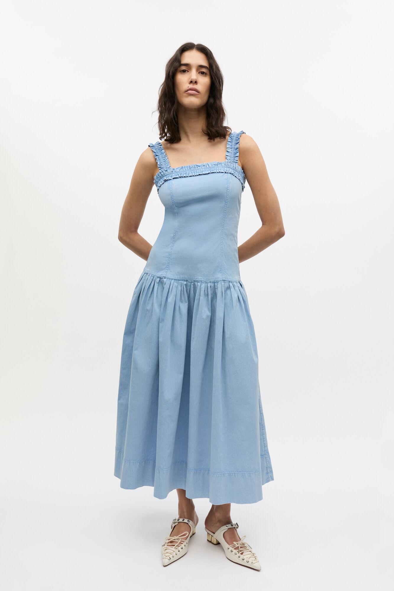 Blue Washed Stretch Cotton Corset Dress Product Image