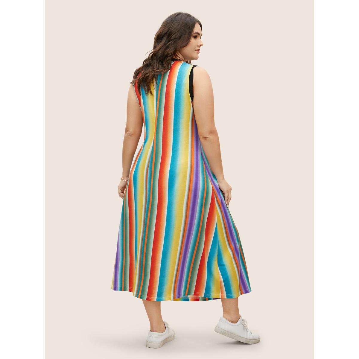 Plus Size Colorful Striped Retro Tank Pocket Dress Multicolor Women Casual Contrast Round Neck Sleeveless Curvy BloomChic 14-16/1X Product Image
