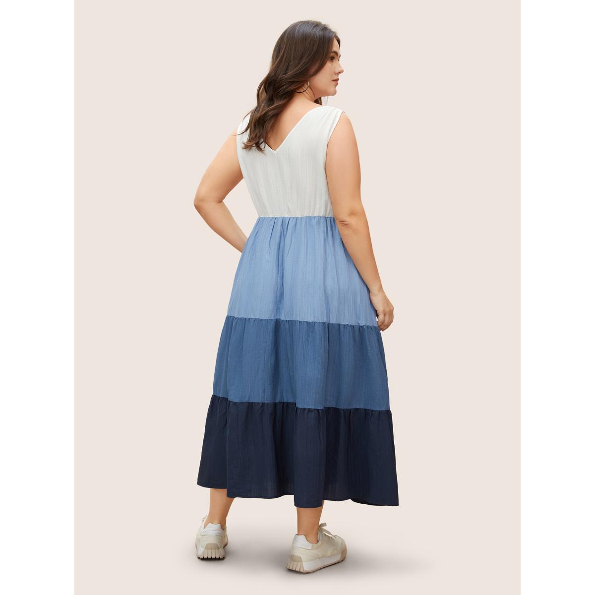 Plus Size Colorblock Contrast Ruffle Layered Hem Dress Blue Women Casual Overlapping V-neck Sleeveless Curvy BloomChic 14-16/1X Product Image