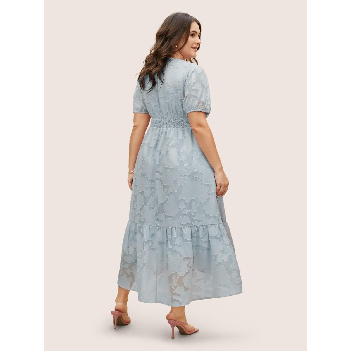 Plus Size Solid Textured Lantern Sleeve Button Detail Dress LightBlue Women Elegant Button V-neck Short sleeve Curvy BloomChic 22-24/3X Product Image
